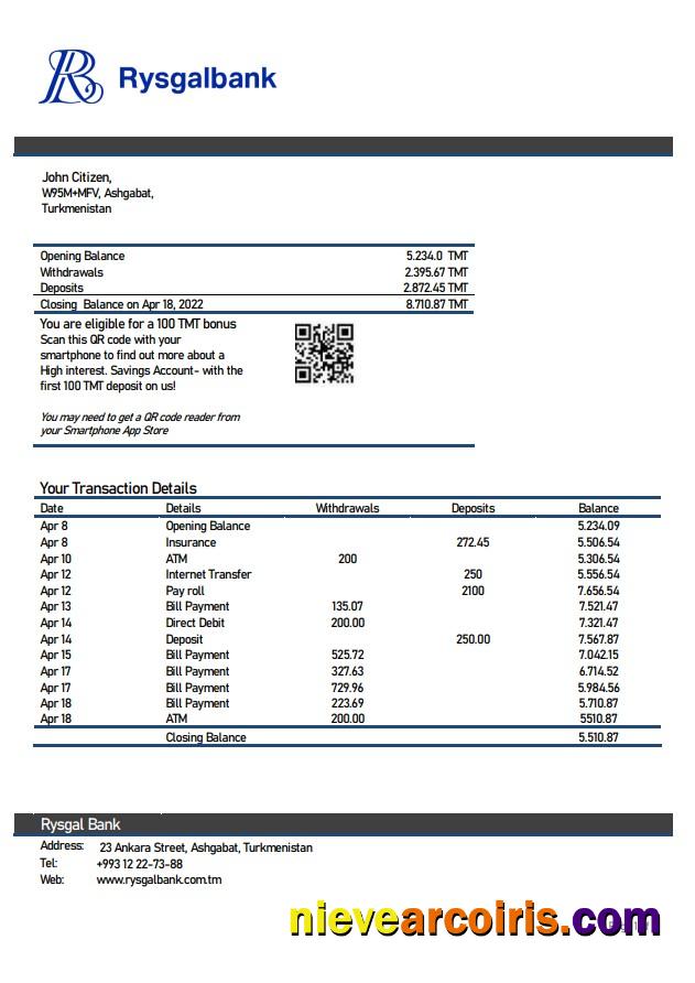 Turkmenistan Rysgal bank statement